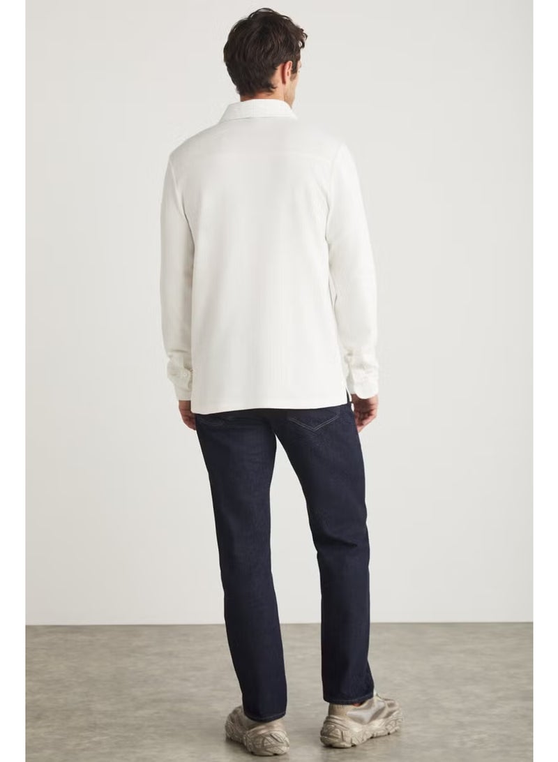 GRIMELANGE Tremont Men's Slim Fit Textured Fabric Long Sleeve Ecru Polo Neck T-Shirt - Image 4